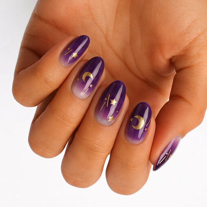 Purple ombre nail wraps with gold moon and star celestial design
