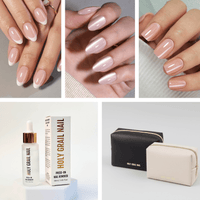 Nude pink glossy press-on nails on hands with nail remover bottle starter kit