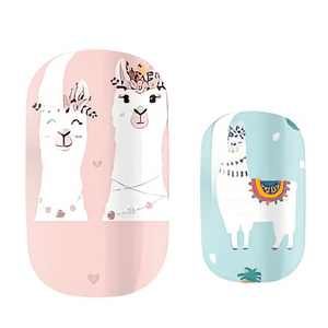 Kids nail wraps featuring cute llama designs in pink and mint green colours