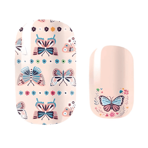 Pink butterfly nail wraps with colourful floral patterns for kids manicure