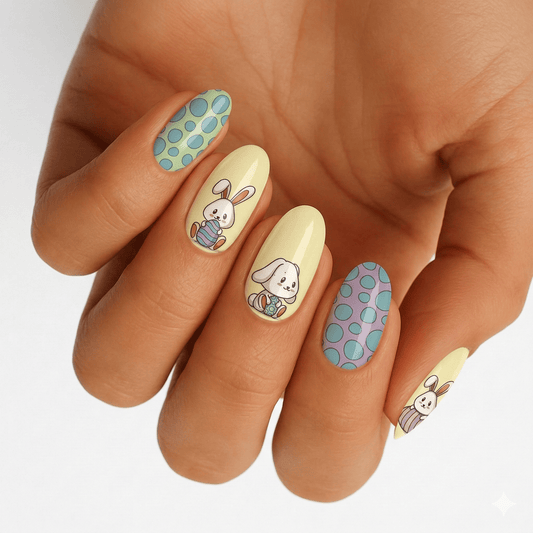 Hand wearing yellow and blue bunny nail wraps with cute rabbit cartoon designs and polka dots