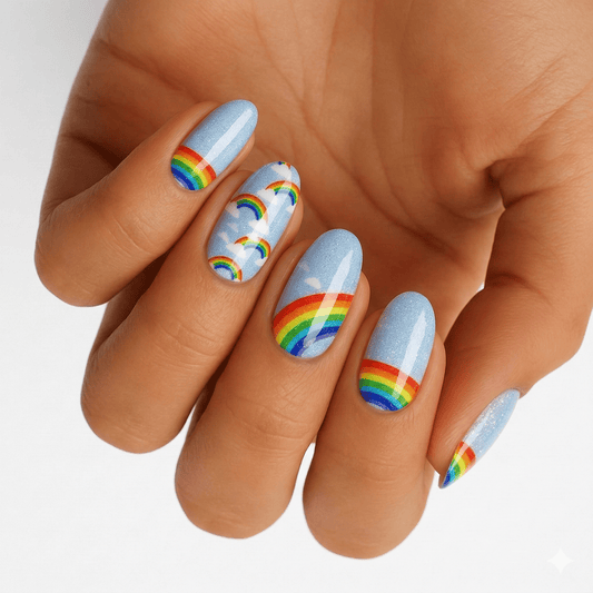 Rainbow nail art on hand featuring colourful striped patterns and blue base non-UV nail wraps