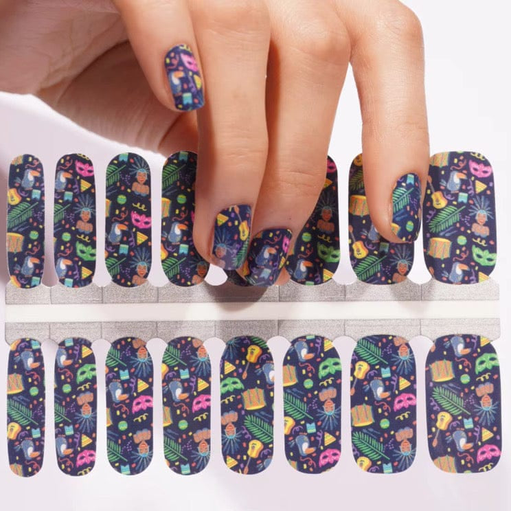 Carnival non-UV nail wraps sheet showing colourful geometric pattern designs for DIY manicure