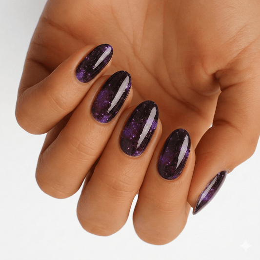 Deep purple galaxy nail wraps with holographic glitter on hand manicure