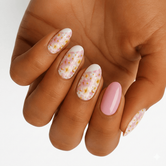 Pink floral nail art on hand featuring cream base with small flowers