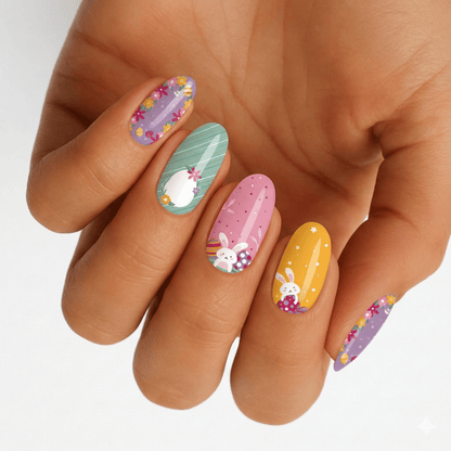 Hand wearing pastel Easter nail wraps in pink yellow mint with white bunny characters