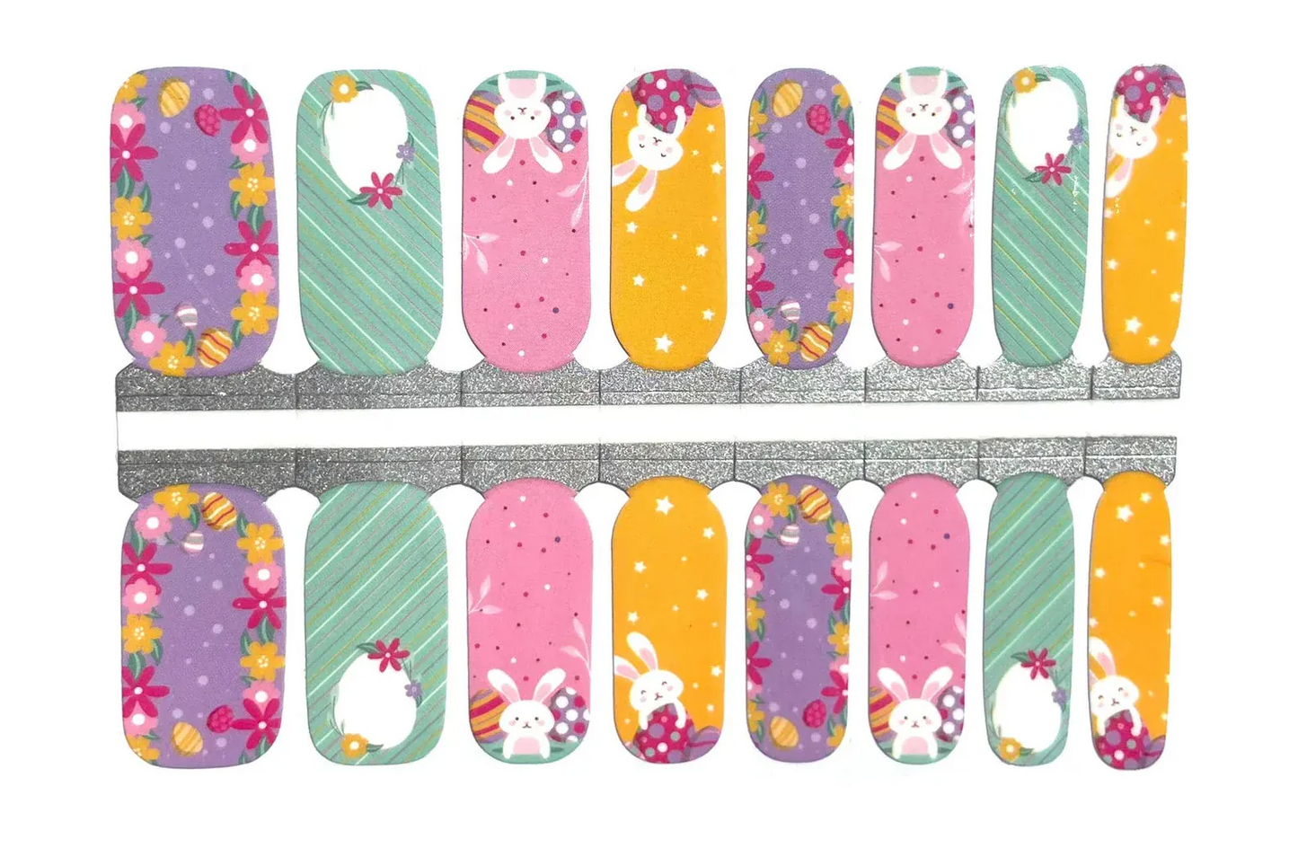 Colourful Easter nail wraps with bunny characters, floral patterns and pastel polka dots