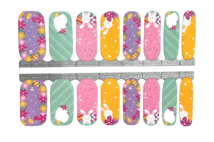Colourful Easter nail wraps with bunny characters, floral patterns and pastel polka dots