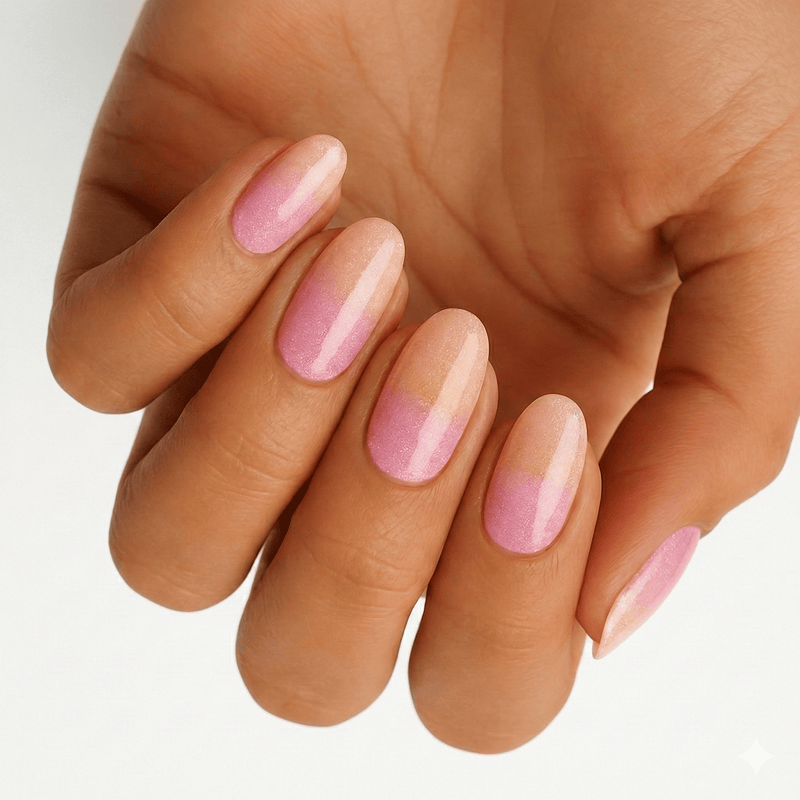 Pink ombre sunset nail wraps on hands showing glossy gradient manicure finish