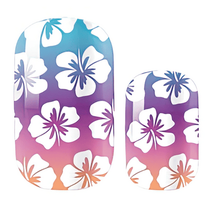 Tropical hibiscus gel nail wraps in gradient rainbow ombre, white floral print design