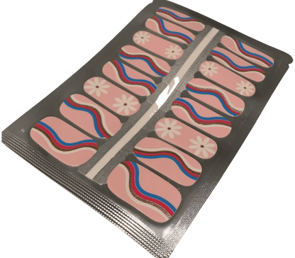 Non-UV nail wraps sheet featuring pink base with rainbow stripes and daisy floral patterns