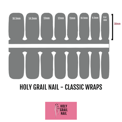 Classic nail wrap sizing guide showing 8 different nail sizes from 16.5mm to 8.4mm
