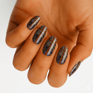 Metallic stained glass pattern nail wraps in bronze navy burgundy on natural nails