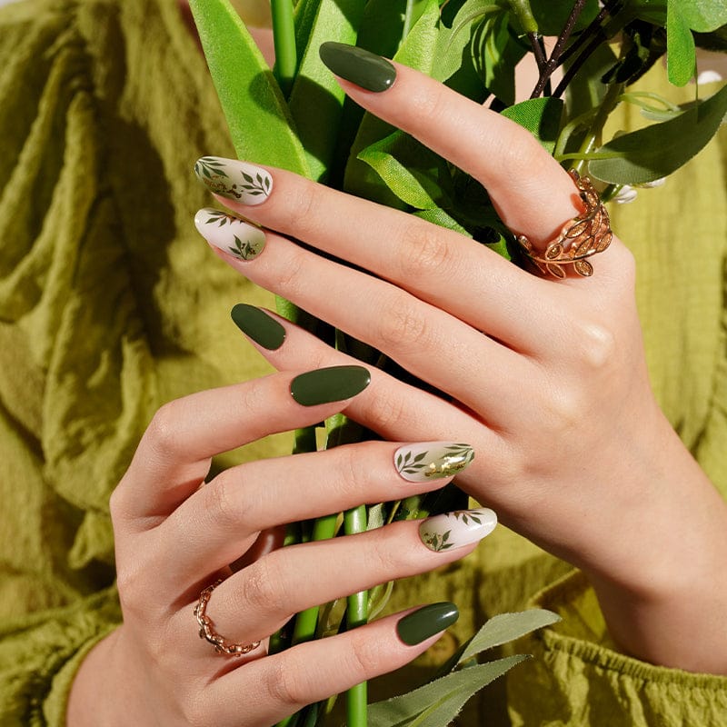 Semi-cured gel nails with olive green and white leaf art design