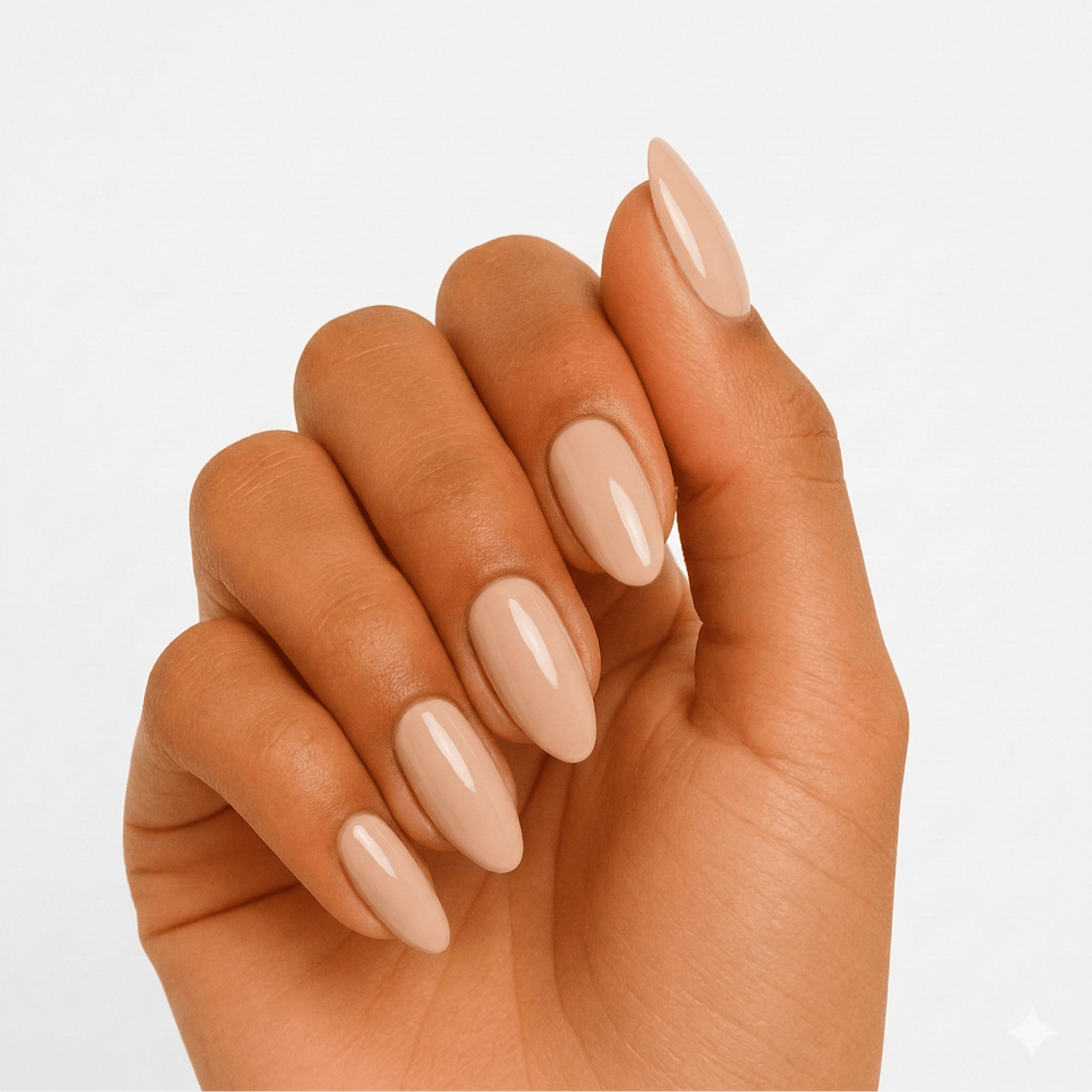 Nude almond gel nail wraps on hand showing glossy natural manicure finish