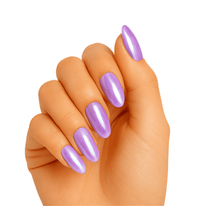 Purple chrome gel nail wraps on hand showing iridescent mirror finish for statement nails