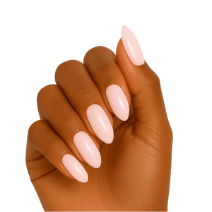 Soft pink gel nail wraps on almond shaped nails for elegant manicure